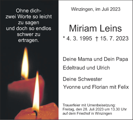 Traueranzeige von Miriam Leins von NWZ Neue Württembergische Zeitung