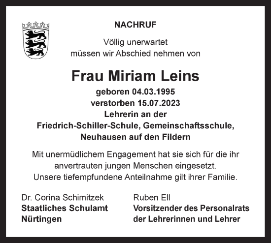 Traueranzeige von Miriam Leins von NWZ Neue Württembergische Zeitung