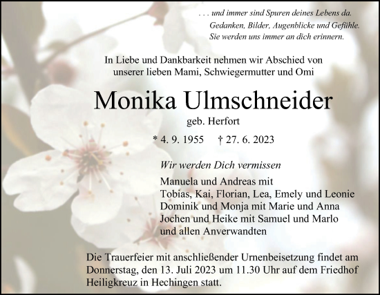 Traueranzeige von Monika Ulmschneider von Metzinger-Uracher Volksblatt