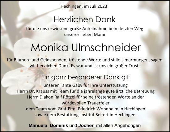 Traueranzeige von Monika Ulmschneider von Hohenzollerische Zeitung