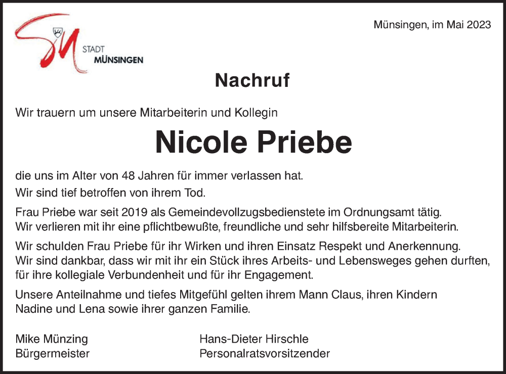  Traueranzeige für Nicole Priebe vom 01.07.2023 aus Alb-Bote/Metzinger-Uracher Volksblatt