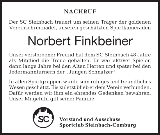 Traueranzeige von Norbert Finkbeiner von Haller Tagblatt