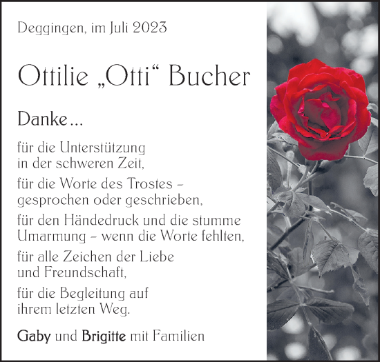 Traueranzeige von Ottilie Bucher von Geislinger Zeitung