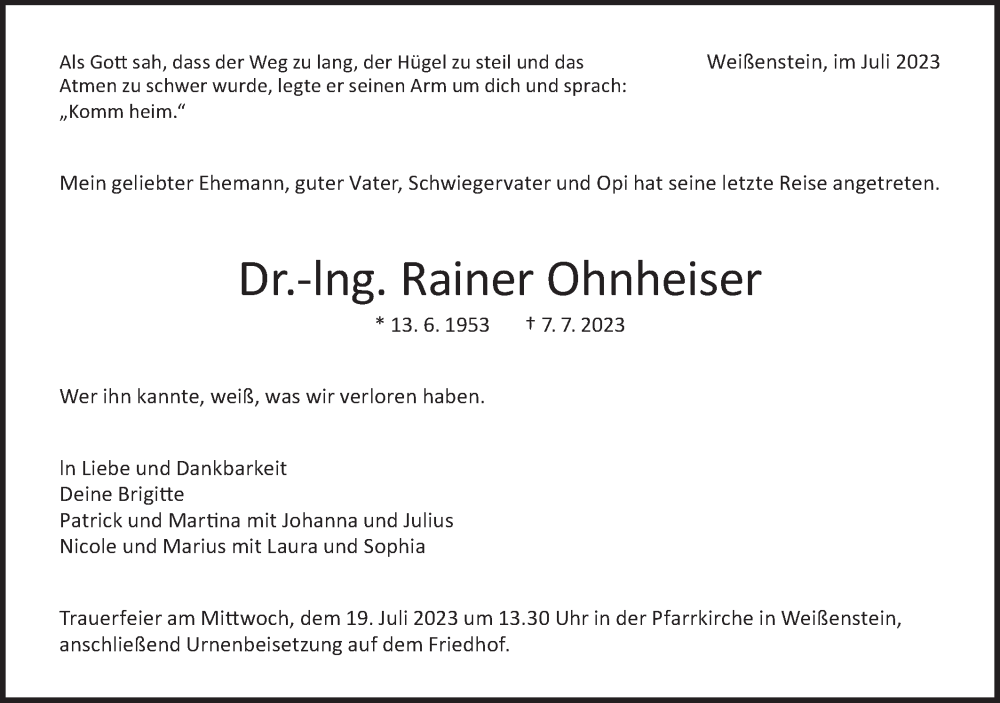  Traueranzeige für Rainer Ohnheiser vom 15.07.2023 aus NWZ Neue Württembergische Zeitung