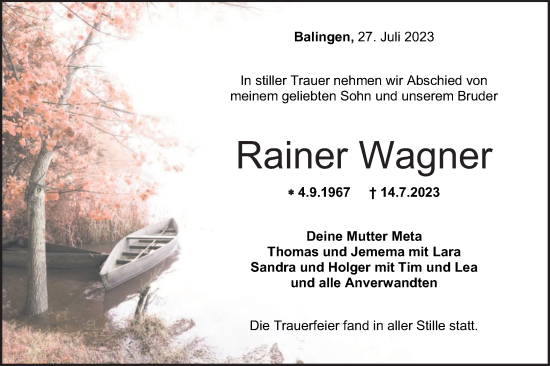 Traueranzeige von Rainer Wagner von Hohenzollerische Zeitung