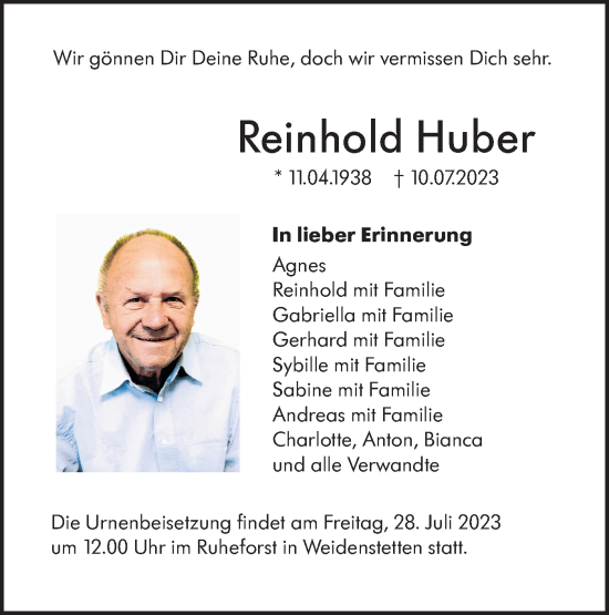 Traueranzeige von Reinhold Huber von SÜDWEST PRESSE Ausgabe Ulm/Neu-Ulm