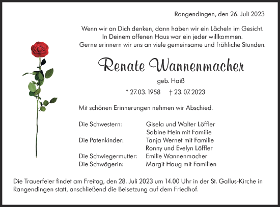 Traueranzeige von Renate Wannenmacher von Hohenzollerische Zeitung