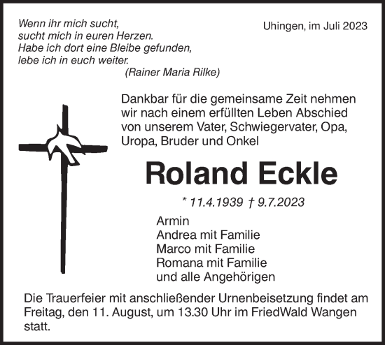 Traueranzeige von Roland Eckle von NWZ Neue Württembergische Zeitung