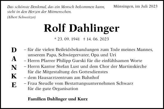 Traueranzeige von Rolf Dahlinger von Alb-Bote/Metzinger-Uracher Volksblatt