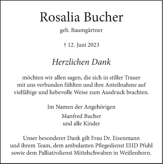 Traueranzeige von Rosalia Bucher von SÜDWEST PRESSE Ausgabe Ulm/Neu-Ulm