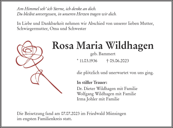 Traueranzeige von Rosa Maria Wildhagen von Ehinger Tagblatt