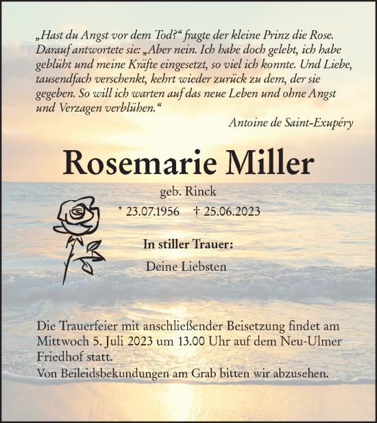 Traueranzeige von Rosemarie Miller von SÜDWEST PRESSE Ausgabe Ulm/Neu-Ulm