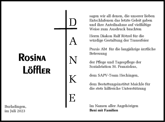 Traueranzeige von Rosina Löffler von Metzinger-Uracher Volksblatt