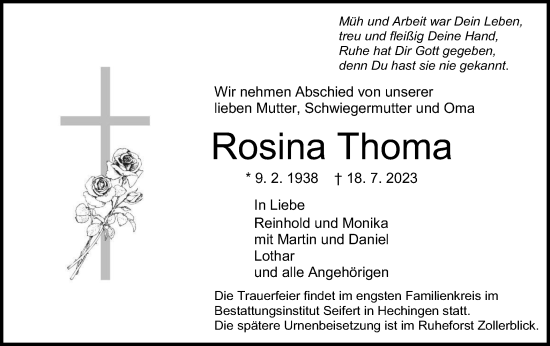 Traueranzeige von Rosina Thoma von Hohenzollerische Zeitung