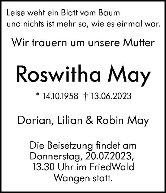 Traueranzeige von Roswitha May von NWZ Neue Württembergische Zeitung