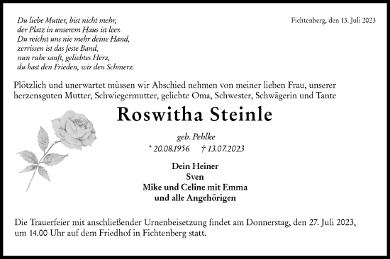 Traueranzeige von Roswitha Steinle von Rundschau Gaildorf