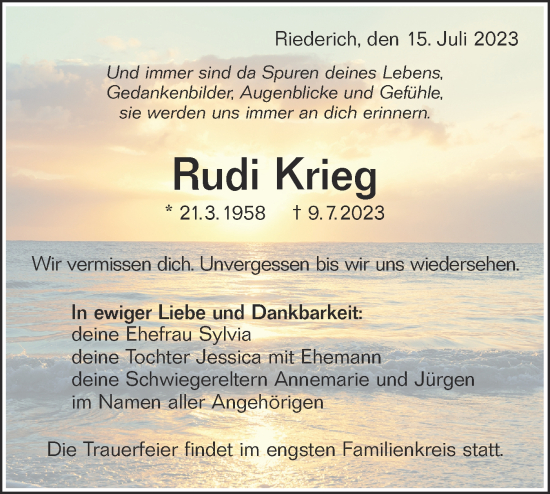 Traueranzeige von Rudi Krieg von SÜDWEST PRESSE/SÜDWEST PRESSE