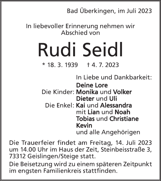 Traueranzeige von Rudi Seidl von Geislinger Zeitung