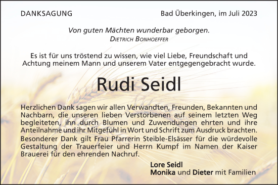 Traueranzeige von Rudi Seidl von Geislinger Zeitung