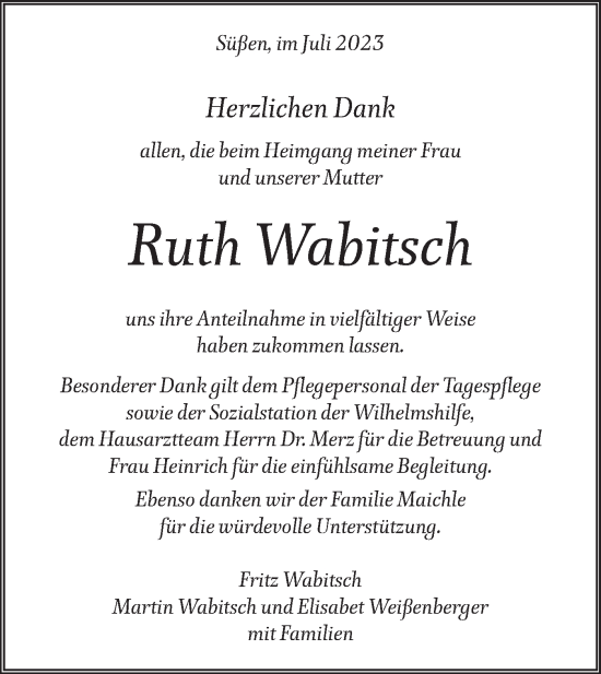 Traueranzeige von Ruth Wabitsch von NWZ Neue Württembergische Zeitung/Geislinger Zeitung