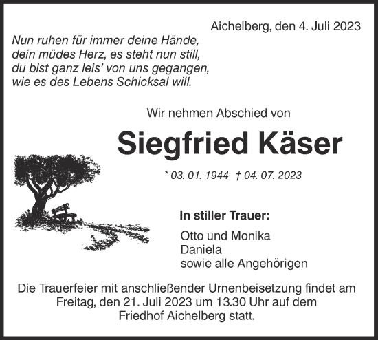 Traueranzeige von Siegfried Käser von NWZ Neue Württembergische Zeitung