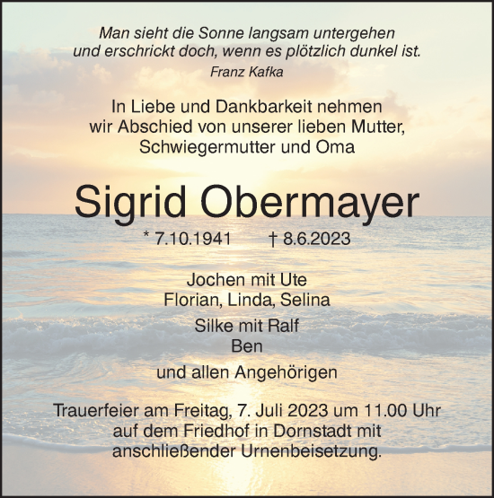 Traueranzeige von Sigrid Obermayer von SÜDWEST PRESSE Ausgabe Ulm/Neu-Ulm