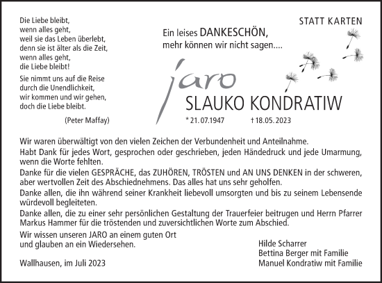 Traueranzeige von Slauko Kondratiw von Hohenloher Tagblatt