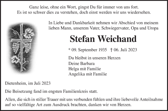 Traueranzeige von Stefan Weichand von SÜDWEST PRESSE Ausgabe Ulm/Neu-Ulm