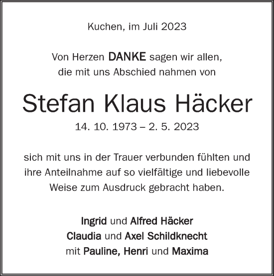 Traueranzeige von Stefan Klaus Häcker von Geislinger Zeitung