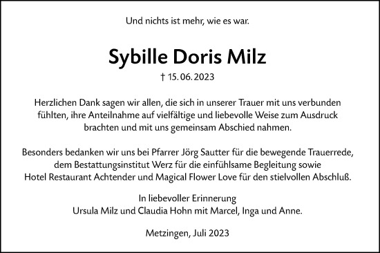 Traueranzeige von Sybille Doris Milz von Metzinger-Uracher Volksblatt