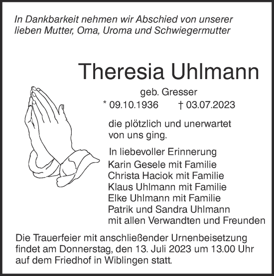 Traueranzeige von Theresia Uhlmann von SÜDWEST PRESSE Ausgabe Ulm/Neu-Ulm