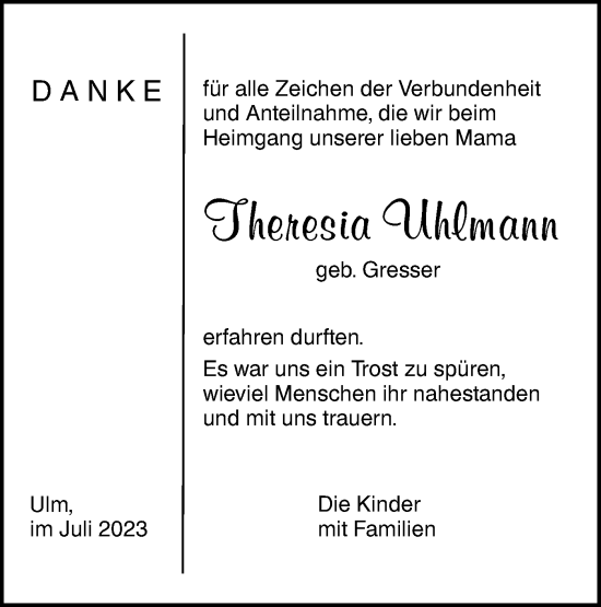 Traueranzeige von Theresia Uhlmann von SÜDWEST PRESSE Ausgabe Ulm/Neu-Ulm