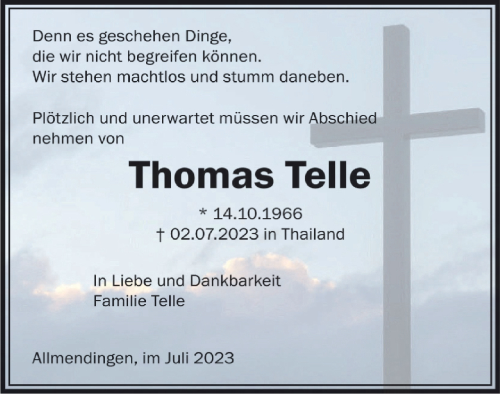  Traueranzeige für Thomas Telle vom 08.07.2023 aus Ehinger Tagblatt