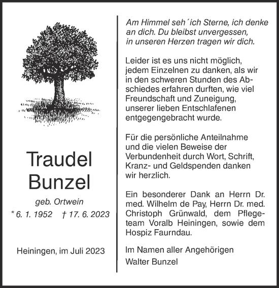 Traueranzeige von Traudel Bunzel von NWZ Neue Württembergische Zeitung