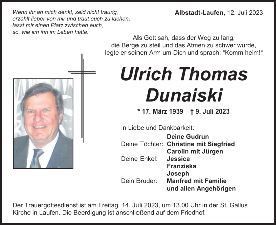 Traueranzeige von Ulrich Thomas Dunaiski von Hohenzollerische Zeitung