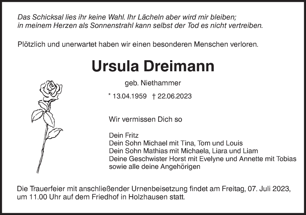  Traueranzeige für Ursula Dreimann vom 01.07.2023 aus NWZ Neue Württembergische Zeitung