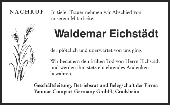 Traueranzeige von Waldemar Eichstädt von Hohenloher Tagblatt