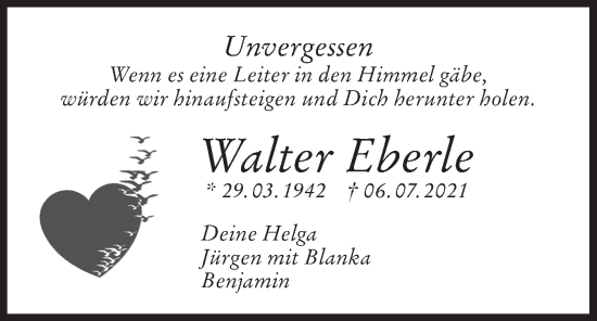 Traueranzeige von Walter Eberle von NWZ Neue Württembergische Zeitung