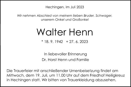 Traueranzeige von Walter Henn von Hohenzollerische Zeitung