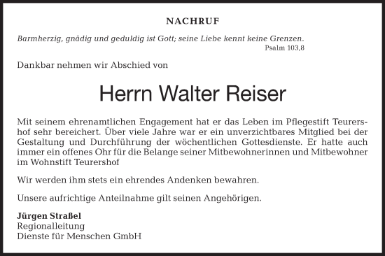 Traueranzeige von Walter Reiser von Haller Tagblatt