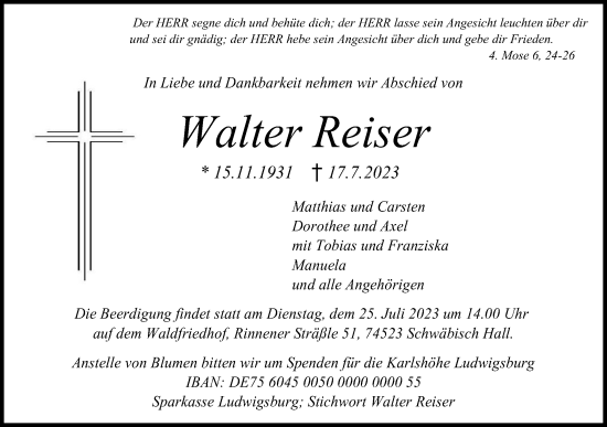 Traueranzeige von Walter Reiser von Haller Tagblatt