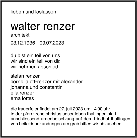 Traueranzeige von Walter Renzer von SÜDWEST PRESSE Ausgabe Ulm/Neu-Ulm