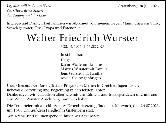 Traueranzeige von Walter Friedrich Wurster von Alb-Bote/Metzinger-Uracher Volksblatt