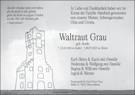 Traueranzeige von Waltraut Grau von Haller Tagblatt