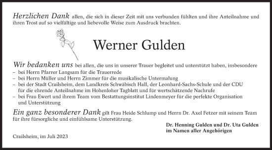 Traueranzeige von Werner Gulden von Hohenloher Tagblatt