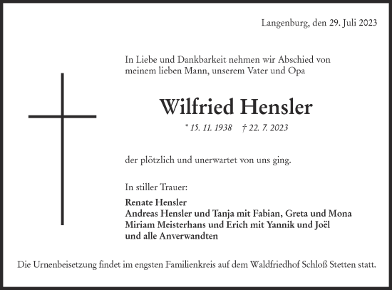 Traueranzeige von Wilfried Hensler von Hohenloher Tagblatt