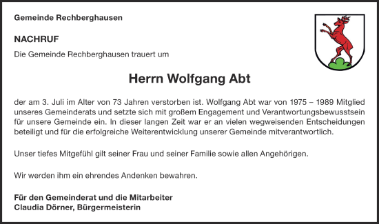 Traueranzeige von Wolfgang Abt von NWZ Neue Württembergische Zeitung