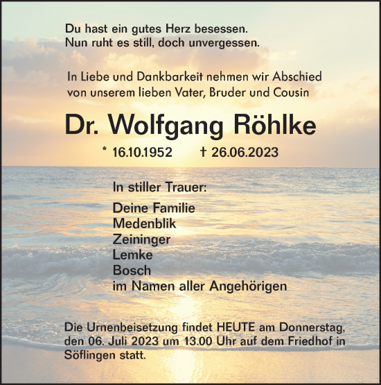 Traueranzeige von Wolfgang Röhlke von SÜDWEST PRESSE Ausgabe Ulm/Neu-Ulm