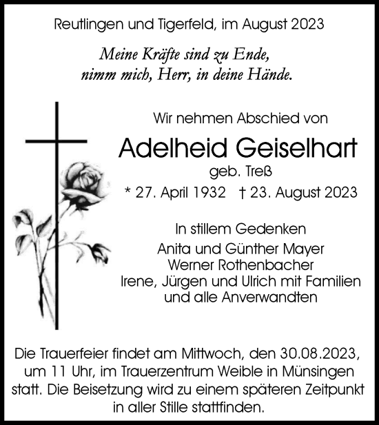 Traueranzeige von Adelheid Geiselhart von Alb-Bote/Metzinger-Uracher Volksblatt