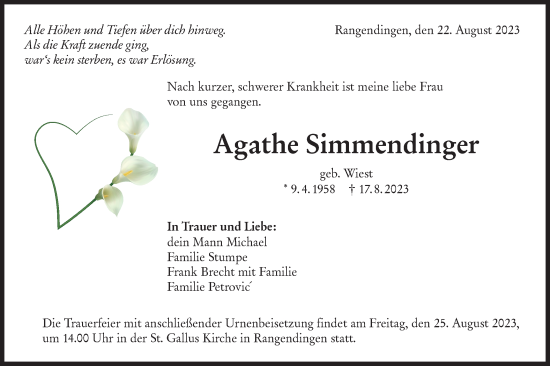 Traueranzeige von Agathe Simmendinger von Hohenzollerische Zeitung